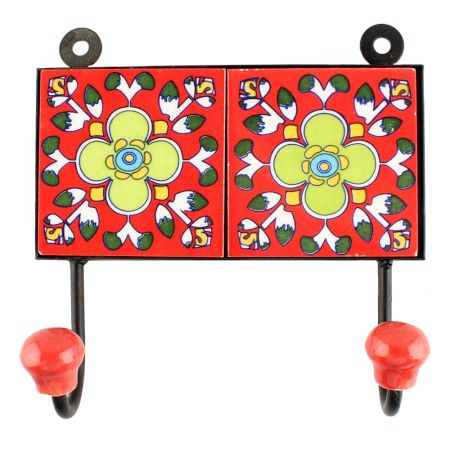 Ceramic Floral Tile Hook in Red